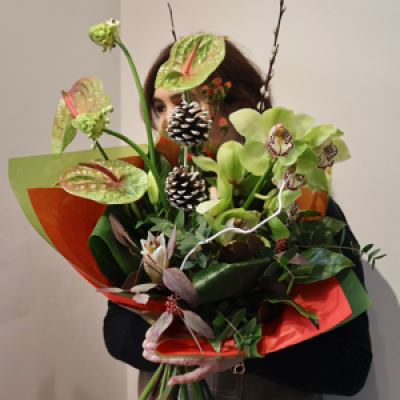 Orchid Delight - Make a statement this season with this stunning luxury winter bouquet, beautifully arranged by Fiona at Octagon Flowers in Bolton. Featuring striking green cymbidium orchids, elegant anthuriums, festive pinecones and rich seasonal foliage, this contemporary design is full of texture, style and winter charm.